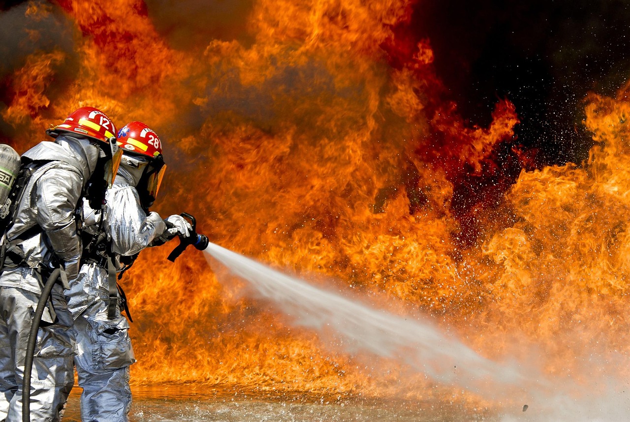 firefighters, fire, firefighting, flames, water, hose, nature, extinguishing