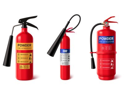 Realistic red fire extinguisher with sprayer and labels for instructions about providing emergency assistance in extinguishing flame. 3d vector set of different firefighter portable equipment mockup.